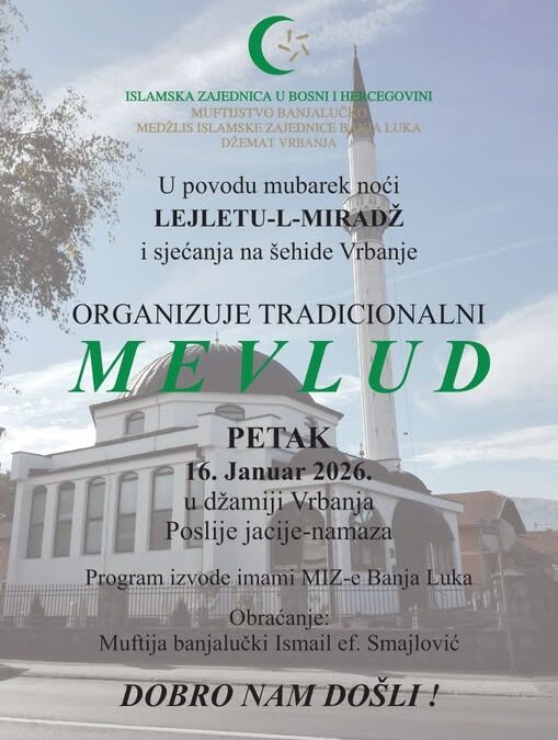 NAJAVA: Mevludski program u džematu Vrbanju povodom Lejletul-miradža